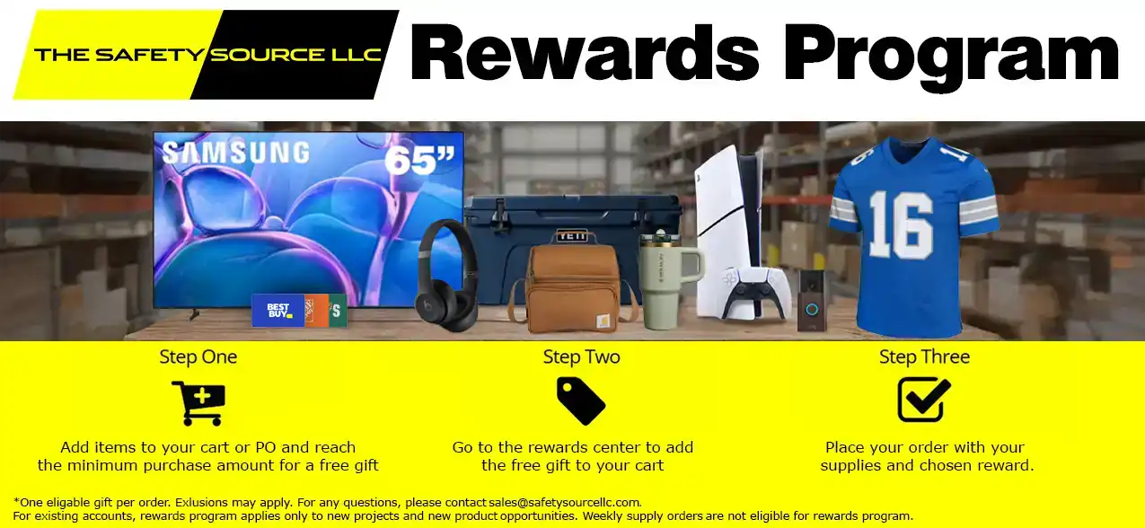 Safety Source Rewards Program with various gifts on table