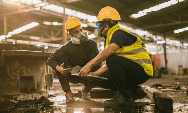 Two industrial workers wearing hard hats and respirators crouch together inside a dimly lit warehouse, reviewing documents and a tablet during a safety inspection. One worker wears a high visibility vest while the other is dressed in dark protective clothing. Debris, equipment, and reflective lighting in the background emphasize the rugged industrial setting and importance of proper PPE.