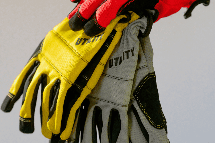 Assorted pairs of protective utility gloves in yellow, grey, and red designed for construction and maintenance work.
