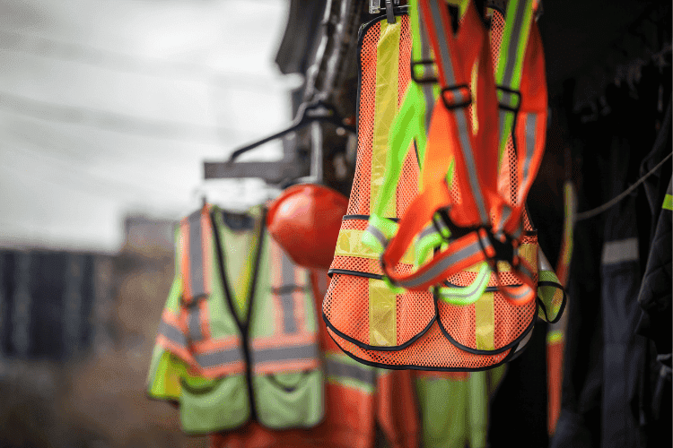 High-visibility orange and green safety vests and hard hats hanging at a worksite storage area.
